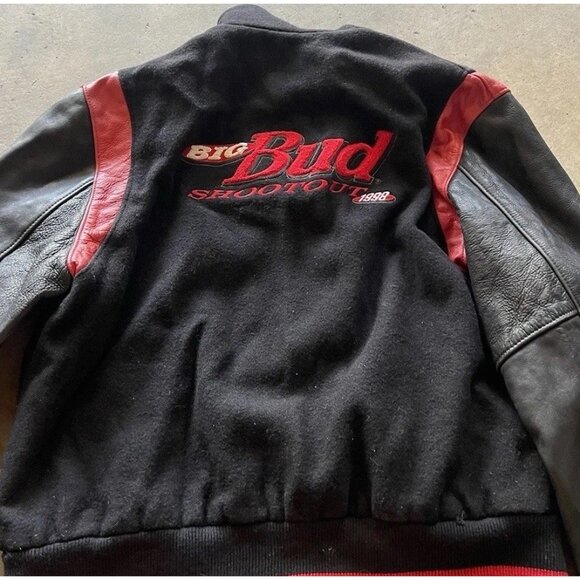 Vintage Dehen Men’s Black Red Wool Budweiser Leather Bomber Jacket Sz XL 1998 - Picture 3 of 16